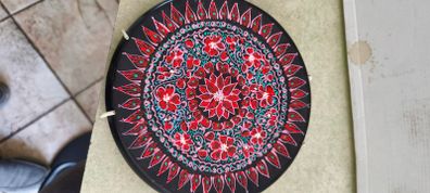 Handcrafted Mandala Wall Art, Round Decorative Dot Painting, Black Red White, Traditional Aboriginal Design Handmade Dot Mandala Wall Plate Round Wooden