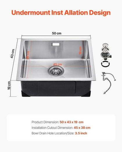 Stainless Steel Undermount Sinks Drop-In Single Bowl Farmhouse Basin with Accessories 50cm