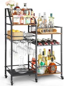 Bar Cart with Wine Rack and Glass Holder, Large Drinks Trolley with Storage for Liquor, Whiskey, Mini Bar  Freestanding Bar Stand for Kitchen, Dining Room or Home Decor