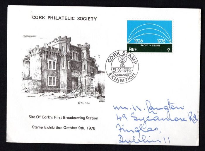 1976 Ireland Cork Philatelic Society Exhibition Show cancel tying 9p Scouting Irish Broadcasting Commemorative Stamps on illustrated addressed cover