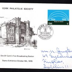 1976 Ireland Cork Philatelic Society Exhibition Show cancel tying 9p Scouting Irish Broadcasting Commemorative Stamps on illustrated addressed cover