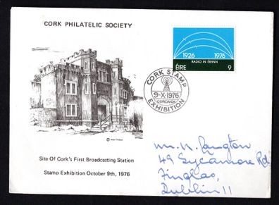 1976 Ireland Cork Philatelic Society Exhibition Show cancel tying 9p Scouting Irish Broadcasting Commemorative Stamps on illustrated addressed cover
