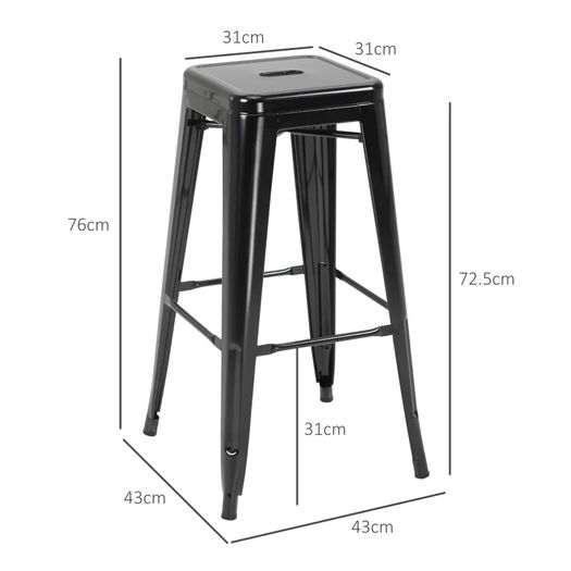 Set of 4 Stackable Bar Stools Tall Industrial Bar Chairs with Footrest Seat Height 76 cm, Metal Frame, Retro Style, for Dining Room, Balcony, Bistro or Bar, Black