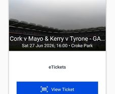 GAA Football Saturday  27th June.  2x Hill 16 Cork v Mayo & Kerry v Tyrone - GAA