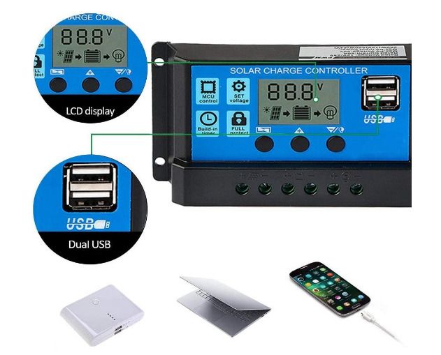 10A, 20A, 30A 12V/24V Solar Charge Controller Solar Panel Controller Intelligent Regulator with Dual USB Port 5V Light Timer Control LCD Display