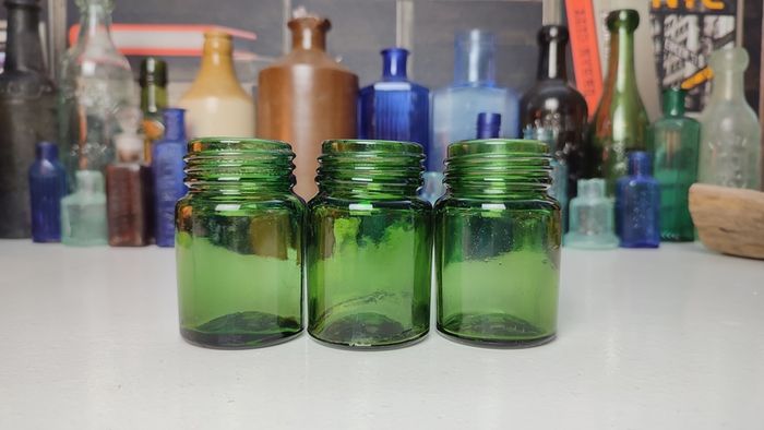 233 - Set of 3 1950s Vintage Green Glass Bottom Embossed Letters Science Medicine Pills Chemicals Collectible Decorative Jars