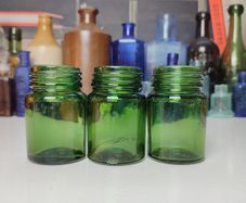 233 - Set of 3 1950s Vintage Green Glass Bottom Embossed Letters Science Medicine Pills Chemicals Collectible Decorative Jars