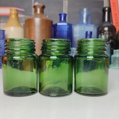 233 - Set of 3 1950s Vintage Green Glass Bottom Embossed Letters Science Medicine Pills Chemicals Collectible Decorative Jars