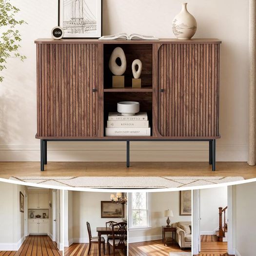 Sideboard Buffet Cabinet Storage with Sliding Door Cupboard, Walnut
