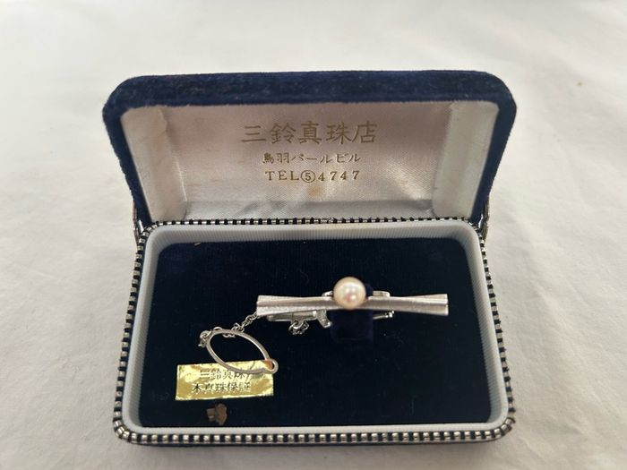 Vintage Japanese Misuzu Genuine Pearl SILVER Tie Clip Bar Boxed Toba Japan