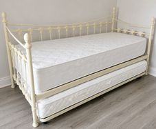 Cream Metal Single Day Bed with Pull-Out Trundle & Two Mattresses