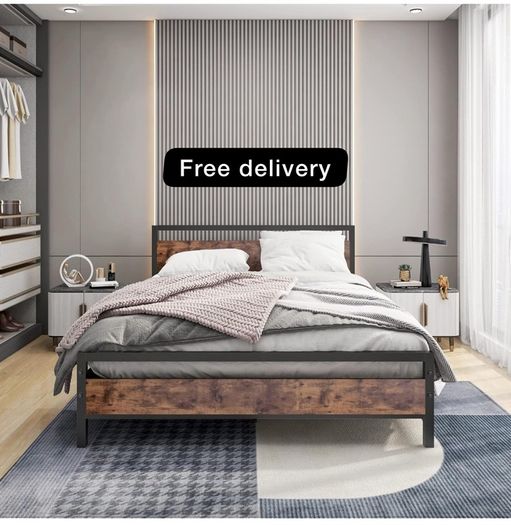 King Size Bed Frame with Wood Headboard,Heavy Duty Metal Platform