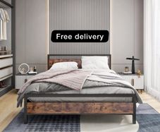 King Size Bed Frame with Wood Headboard,Heavy Duty Metal Platform