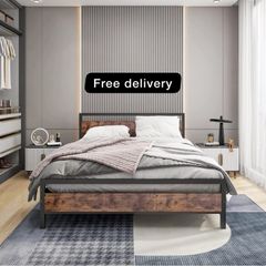 King Size Bed Frame with Wood Headboard,Heavy Duty Metal Platform