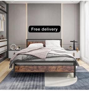 King Size Bed Frame with Wood Headboard,Heavy Duty Metal Platform