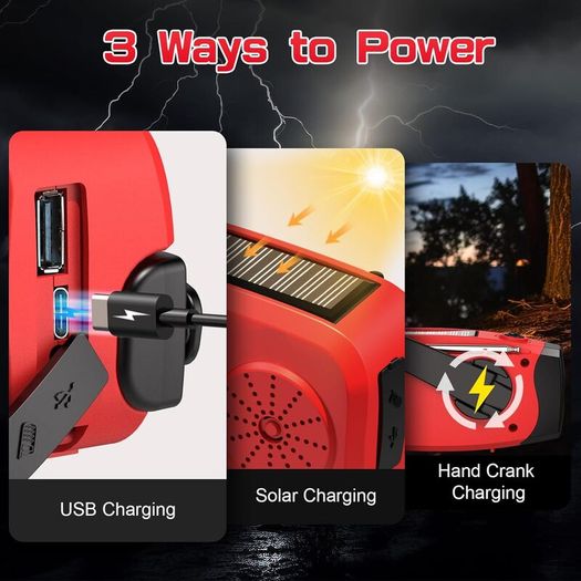 Wind Up Solar Radio, Emergency Radio, Portable Hand Crank Radio, AM/FM Radio with LED Torch, 7400mWh Rechargeable Power Bank, SOS Alarm, USB Phone Charger, Emergency Use for Camping Hiking