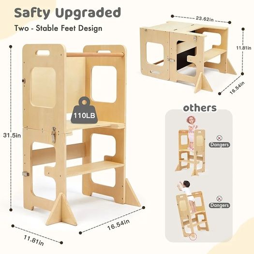 Learning Tower for Children, Foldable Montessori Learning Tower, 3 in 1 Learning Stool with Blackboard, Montessori Kitchen Helper Learning Tower from 18 Months (Wood)