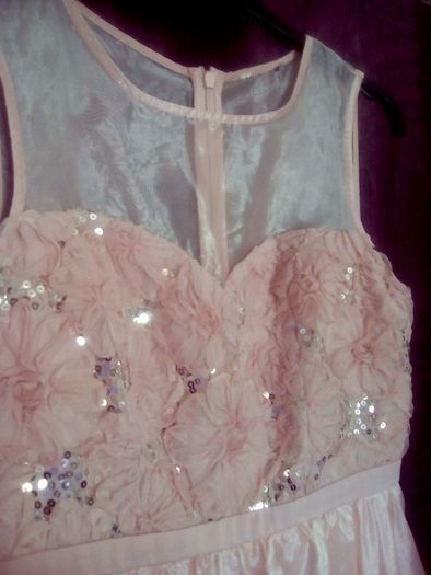 Miss Selfridge Coral/Peach Colour Sequined Bodice Lace Overlayered Skirt, Knee Length Dress