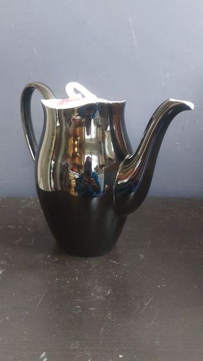 Stunning Vintage MCM 1950's Coffee Set for Six, Including Coffee Pot, by Johnson Bros, in Black and Cream with Pink Rose Detailing and Platinum Gilt Design