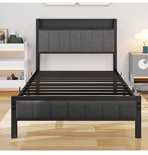 Single Bed Frame with Storage Headboard Shelf, No Box Spring Needed 3ft Upholstered Bed Frame with Heavy Duty Metal Slats, Easy Assembly,Gray, for Small Bedroom, Dorm, Guest Room