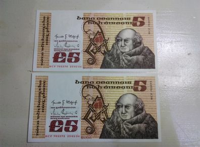 Irish 5 Pound Banknotes x 2 In Sequence