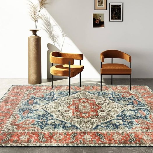 Washable Rugs Living Room Non Slip Area Rugs for Bedroom Machine Washable Rug Soft Short Pile Large Living Room Rug Vintage Oriental Boho Rug Non Shedding Dense Rugs 80x150cm Orange