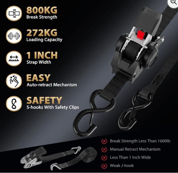 4 Pce Retractable Ratchet Straps Tie Downs 2.5CM x 3M 800kg Break Strength