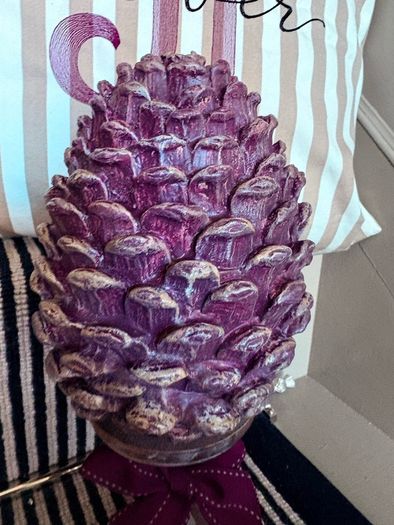 New bespoke oversized autumn Pinecone on distressed wood base in mulberry
