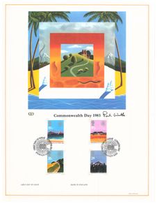 1983 Great Britain Limited Edition Lithographed Print measuring 333mm X 257mm showing Commonwealth 1983 Commemorative stamps with First Day of Issue Cancel