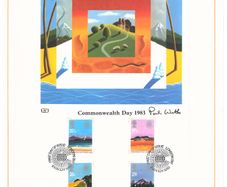 1983 Great Britain Limited Edition Lithographed Print measuring 333mm X 257mm showing Commonwealth 1983 Commemorative stamps with First Day of Issue Cancel