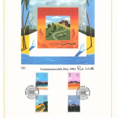 1983 Great Britain Limited Edition Lithographed Print measuring 333mm X 257mm showing Commonwealth 1983 Commemorative stamps with First Day of Issue Cancel