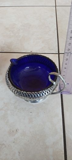 Vintage Queen Anne Cobalt Blue Glass & Chrome Plated Cream & Sugar Bowls Set of 2