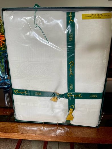 Boxed Vintage Irish Linen Damask Tablecloth Antique White