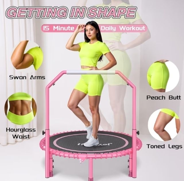 450 LBS Foldable Mini Trampoline for Adults, 40 inch Indoor Fitness Rebounder with U-Shape Adjustable Foam Handle, Quiet Bungee Jump System & Cordless Jump Ropes