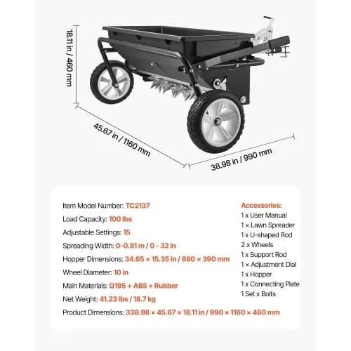 Tow Behind Lawn Spreader with Aeration Spikes, 0.81m Spreading Width, Broadcast Spreader with Universal Hitch, Garden Seeder & Soil Aerator with 100lbs Capacity & 10 in Tires for ATVs UTVs