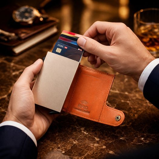 Genuine Leather Pop-Up Card Holder Wallet RFID Blocking Slim Credit Card Case