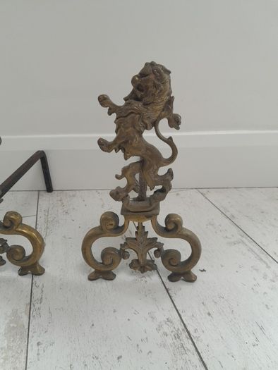 19th Century Cast Brass Rampant Lions Andirons