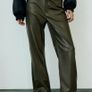 Fab Zara High Waist Khaki Green Faux Leather Straight Wide Leg Trousers   Size L UK 14 Runs big Image 3