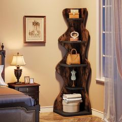 5 Tier Corner Shelf, Wooden Corner Bookcase, Freestanding Display Storage Shelf, Plant Stand for Living Room, Bedroom & Small Spaces
