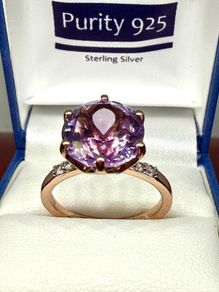 Silver Rose De France Amethyst & White Zircon Solitaire Ring