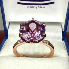 Silver Rose De France Amethyst & White Zircon Solitaire Ring