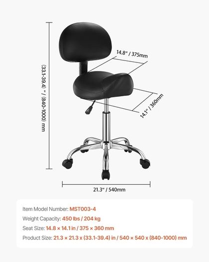 450LBS Saddle Stool with Back Support Rolling Adjustable PU Leather Salon Chair