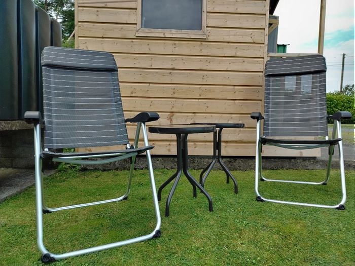 Set of x2 Garden Chairs and x2 Small Glass Top Tables