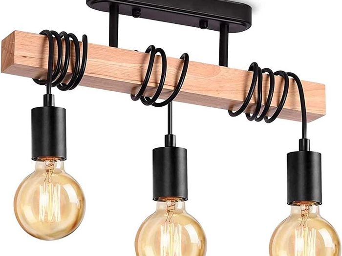 Industrial Wood Pendant Light with 3 Heads Adjustable Pendent Chandelier Light Vintage Semi Flush Ceiling Light Living Room E27 Bulb Drop Light Kitchen Dining Room Black Hanging Light (FREE POSTAGE)