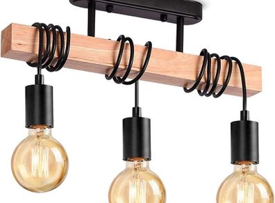 Industrial Wood Pendant Light with 3 Heads Adjustable Pendent Chandelier Light Vintage Semi Flush Ceiling Light Living Room E27 Bulb Drop Light Kitchen Dining Room Black Hanging Light (FREE POSTAGE)