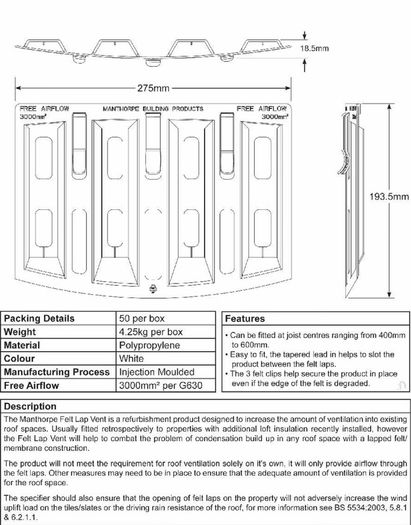 Pack 15 Roofing Felt Lap Vent Stops Loft roof Condensation / Attic Space Ventilation Airflow