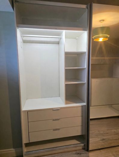 Large Sliding Wardrobe - Grey + Mirror - H220 x W204 x D65cm - With Lights & Drawers