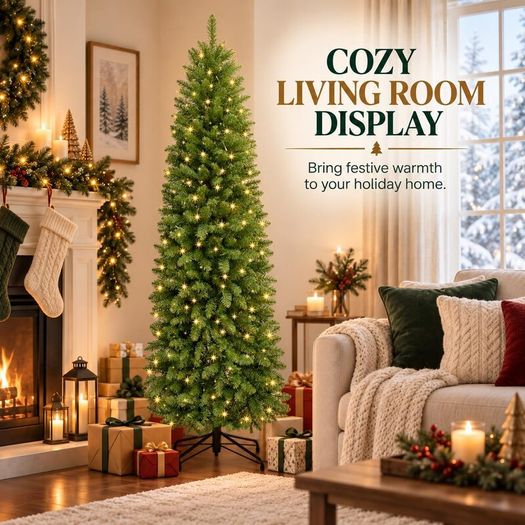8FT Slim Pre-Lit Artificial Pencil Christmas Tree