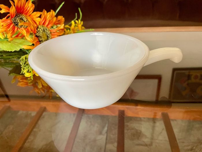 Vintage Mid Century Anchor Hocking Fire King Ovenproof Milk Glass Bowl with Handle 1960 1970s