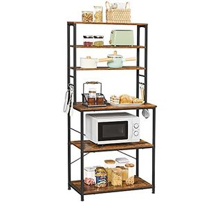 Industrial Design Kitchen Shelf Vintage Brown-Black kitchen shelf, stand shelf with shelves, with 6 hooks and metal frame, industrial design, for microwave, cooking utensils, 80 x 40 x 167 cm, vintage brown-black
